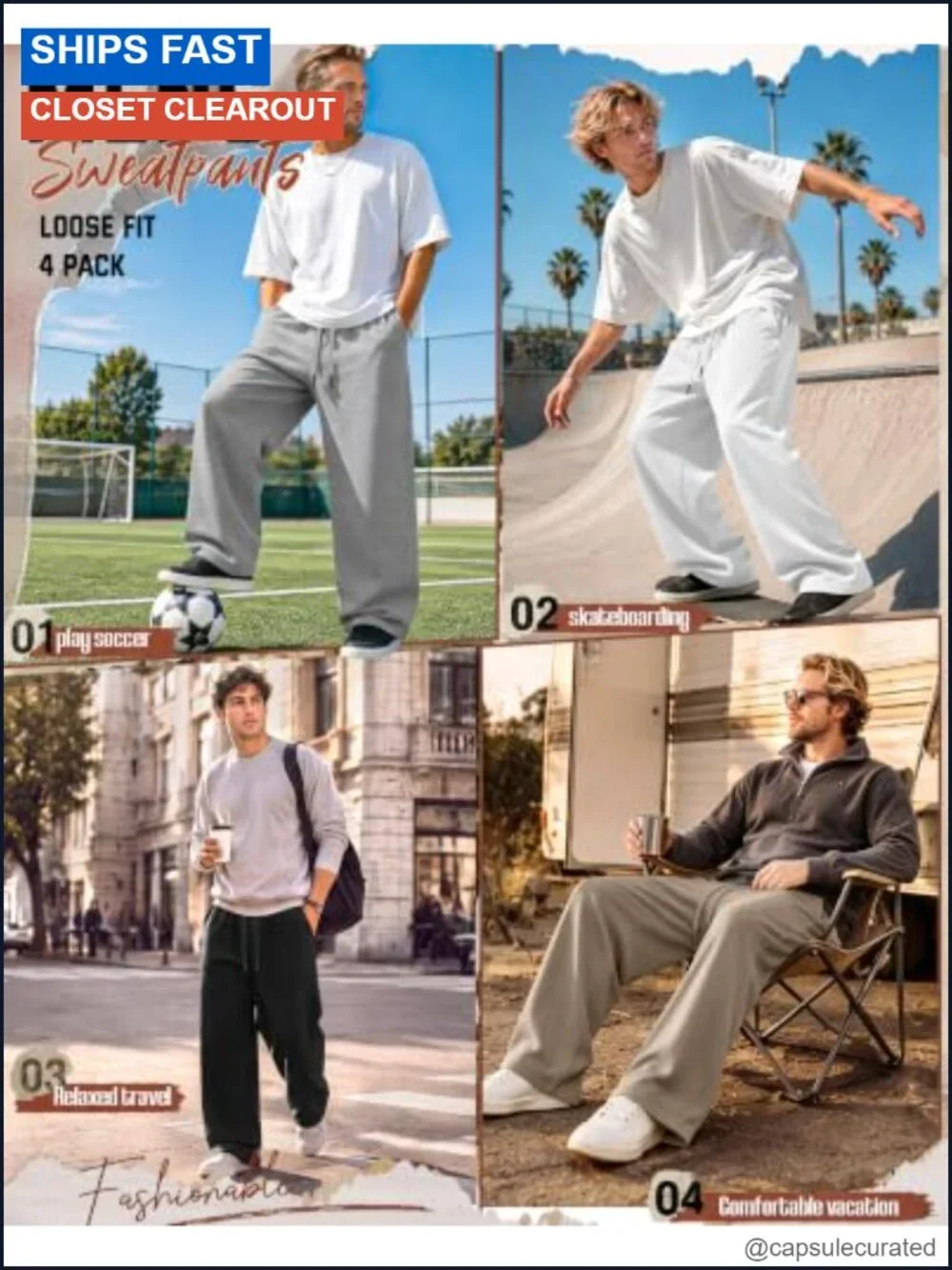 4 Pack Men's Baggy Wide Leg Sweatpants with Drawstring Cotton Spandex